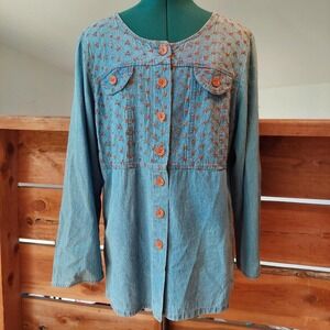 Vintage 100% cotton denim top with brown embroidered floral details.